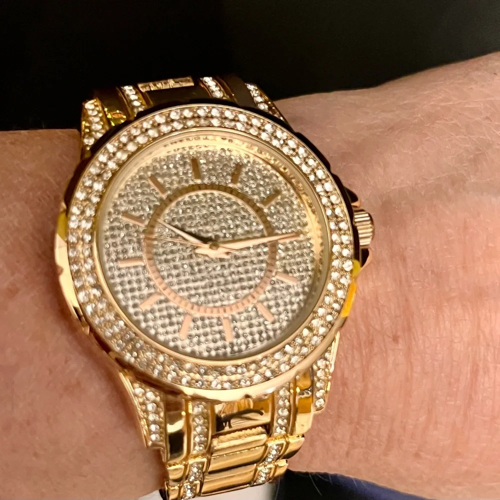 FMDAL Oversized Gold Glitz Watch Iced Out Pavé Rhinestone Statement Bling Glam